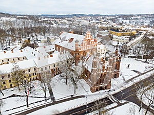 Aerial view of St. Annes Church and Bernardine Church, one of the most beautiful buildings in Vilnius. Beautiful winter day in the