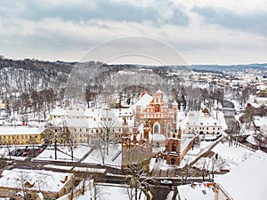 Aerial view of St. Annes Church and Bernardine Church, one of the most beautiful buildings in Vilnius. Beautiful winter day in the