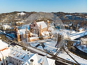 Aerial view of St. Annes Church and Bernardine Church, one of the most beautiful buildings in Vilnius. Beautiful winter day in the