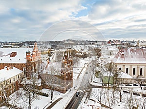 Aerial view of St. Annes Church and Bernardine Church, one of the most beautiful buildings in Vilnius. Beautiful winter day in the