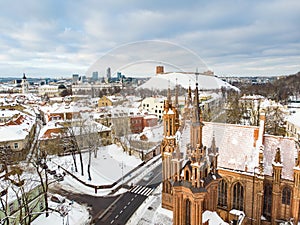 Aerial view of St. Annes Church and Bernardine Church, one of the most beautiful buildings in Vilnius. Beautiful winter day in the