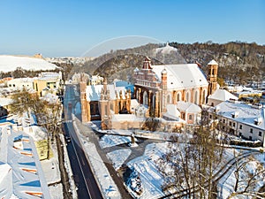 Aerial view of St. Annes Church and Bernardine Church, one of the most beautiful buildings in Vilnius. Beautiful winter day in the
