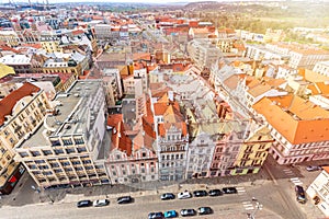 Aerial view from St Bartholomews cathedral over Republic Square. Pilsen or Plzen, in Bohemian region Czech Republic