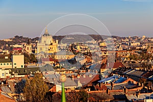 Aerial view of St. George`s Cathedral and old town of Lviv in Ukraine. Lvov cityscape