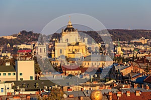 Aerial view of St. George`s Cathedral and old town of Lviv in Ukraine. Lvov cityscape. photo