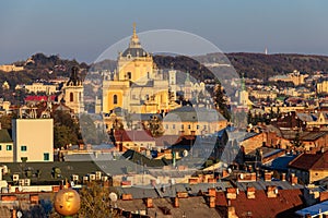 Aerial view of St. George`s Cathedral and old town of Lviv in Ukraine. Lvov cityscape. photo