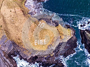 Aerial view of St. John`s Point and the Eire 10 marking next to the lighthouse, County Donegal, Ireland