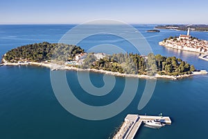 An aerial view of St. Katarina and Rovinj, Istria, Croatia