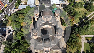 Aerial View of St. Mark Orthodox Church in Downtown Belgrade, Serbia on Sunny summer Day