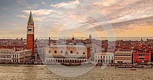 Aerial view of St. Mark`s Campanile and Doge`s Palace, Venice, Italy