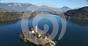 Aerial view of St Martin church on island and Bled
