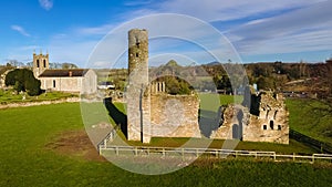 Aerial view. St Mary`s Abbey and Cathedral. Ferns. co Wexford. Ireland