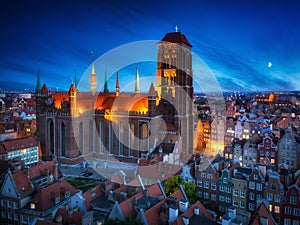 Aerial view of the St. Mary's Basilica in Gdansk at night, Poland