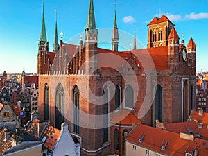 Aerial view of the St. Mary& x27;s Basilica in Gdansk at sunrise, Poland