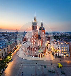 Aerial view of  St. Mary`s Basilica in Krakow, Poland