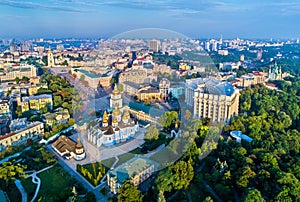 Aerial view of St. Michael Golden-Domed Monastery, Ministry of Foreign Affairs and Saint Sophia Cathedral in Kiev