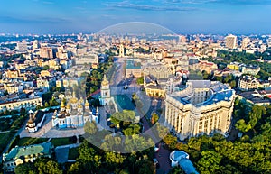 Aerial view of St. Michael Golden-Domed Monastery, Ministry of Foreign Affairs and Saint Sophia Cathedral in Kiev