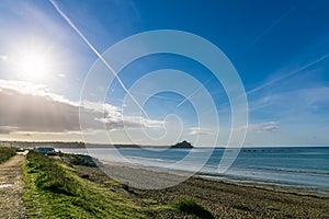 Aerial view of St Michaels mountain near Marazion, Cornwall