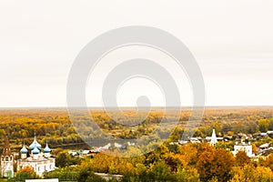 Aerial view from the St. Nichola`s Holy Trinity Monastery Svyato Troitse Nikolsky Monastery on the Puzhlova Mountain. Gorokhove