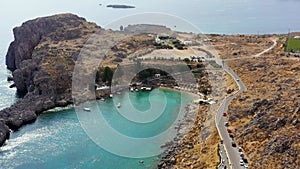 Aerial view on St. Paul`s bay in Lindos, Rhodes island, Greece. Panoramic shot overlooking St Pauls Bay at Lindos on the Island o