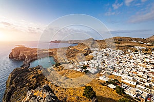 Aerial view on St. Paul`s bay in Lindos, Rhodes island, Greece. Panoramic shot overlooking St Pauls Bay at Lindos on the Island o