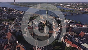 Aerial view of the St. Peter`s Church, old town and Daugava river, Riga, Latvia.