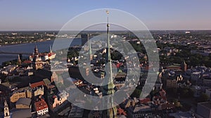 Aerial view of the St. Peter`s Church, old town with Dome cathedral and Daugava river, Riga, Latvia