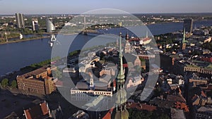 Aerial view of the St. Peter`s Church, old town with Dome cathedral and Daugava river, Riga, Latvia