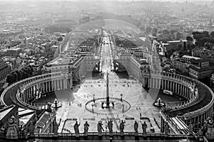 Aerial view of St Peter`s square in Vatican black and white, Rome Italy