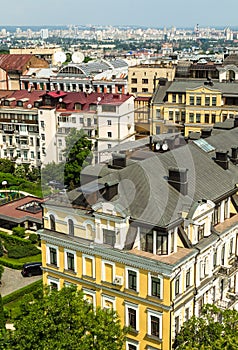 Aerial view from St. Sophia Cathedral on buildings of historical center of Kiev.