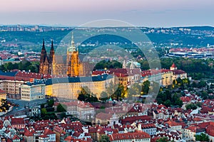 Aerial view of St. Vitus Cathedral and Prague Castle (Hradcany) at night