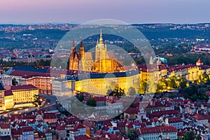 Aerial view of St. Vitus Cathedral and Prague Castle (Hradcany) at night