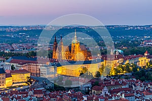 Aerial view of St. Vitus Cathedral and Prague Castle (Hradcany) at night