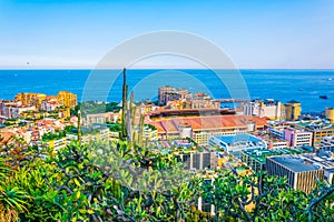 Aerial view of Stade Louis II in Monaco from Jardin exotique