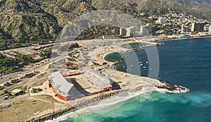 Aerial view of the stadium for beach games in La Guaira, Venezuela. Hugo Chavez Beach Coliseum