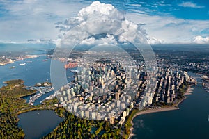 Aerial view of Stanley Park and Downtown Vancouver, BC, Canada.