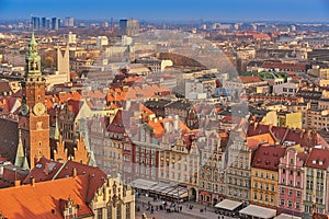 Aerial view of Stare Miasto with Market Square, Old Town Hall and St. Elizabeth`s Church from St. Mary Magdalene Church in Wrocla