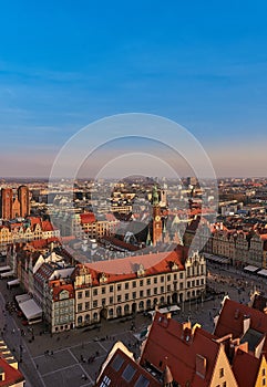 Aerial view of Stare Miasto with Market Square, Old Town Hall and St. Elizabeth`s Church from St. Mary Magdalene Church in Wrocla