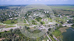 Aerial view of Starocherkassk, the new park and the Don River. Rostov region. Russia