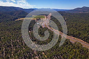 Aerial view of state route 260 and Apache Sitgreaves national forest in Arizona, USA