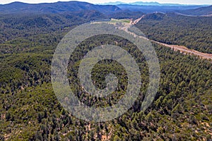 Aerial view of state route 260 and Apache Sitgreaves national forest in Arizona, USA