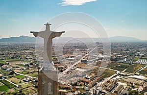 Aerial view Statue of Christ on top of Monteagudo Castle Murcia, Spain