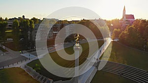 Aerial view statue of Golden boy in Siauliai, Lithuania, Europe travel destination