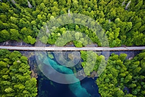 aerial view of steamy hot spring in a forest