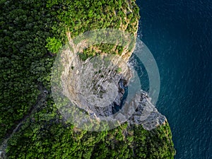 Aerial view of a steep cliff, unspoiled nature of the Montenegro coast