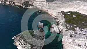 Aerial view of the steep cliffs and the city of Bonifacio on the island of Corsica in France