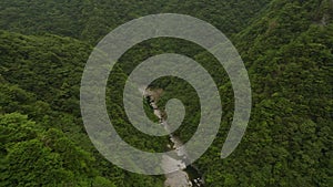 Aerial view of steep forested canyon and small mountain river