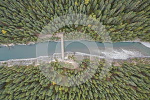 Aerial view of Stewart Canyon at Lake Minnewanka, Banff National Park
