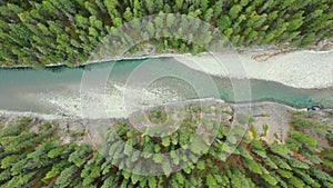 Aerial view of Stewart Canyon at Lake Minnewanka, Banff National Park