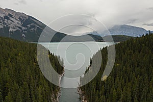 Aerial view of Stewart Canyon at Lake Minnewanka, Banff National Park